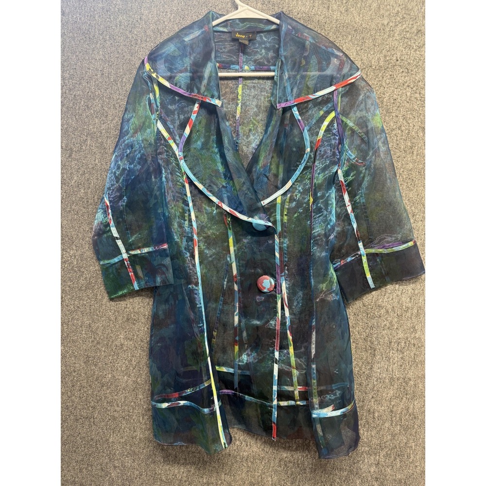 Jenny T Jacket Womens Medium Blue Sheer Abstract Art Button Front Chiffon Boho